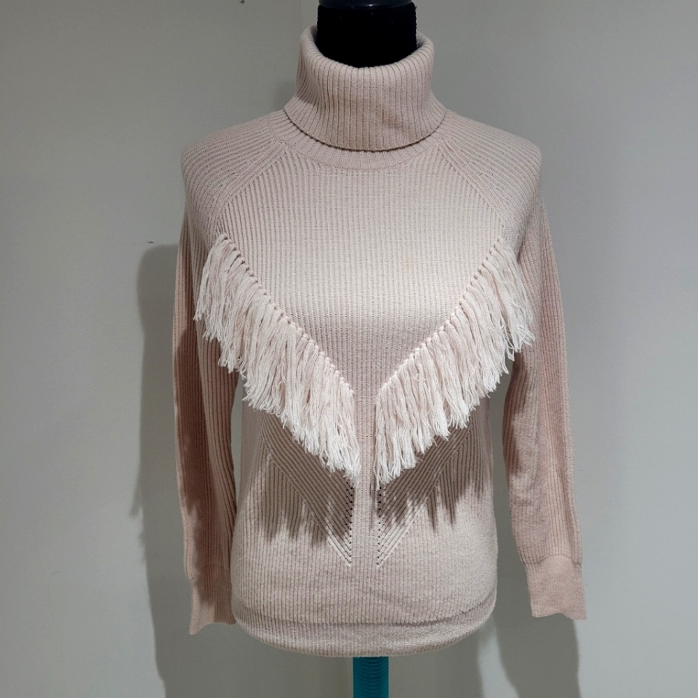 Haute Hippie Women's 100% Merino Wool Fringe Turtleneck Sweater Small Cream Boho